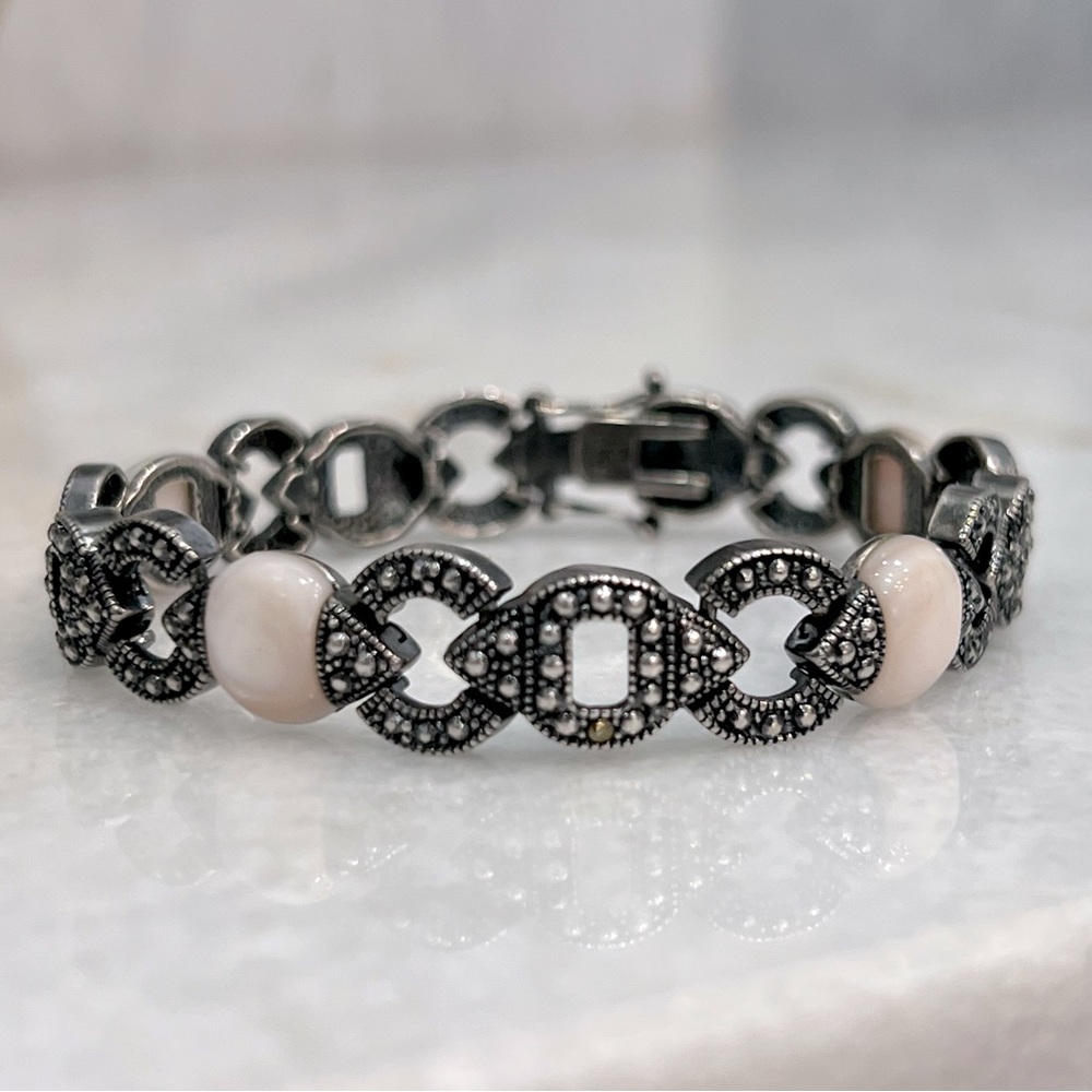 Pink Mother of Pearl Swiss Marcasite Black Oxidized Silver Bracelet